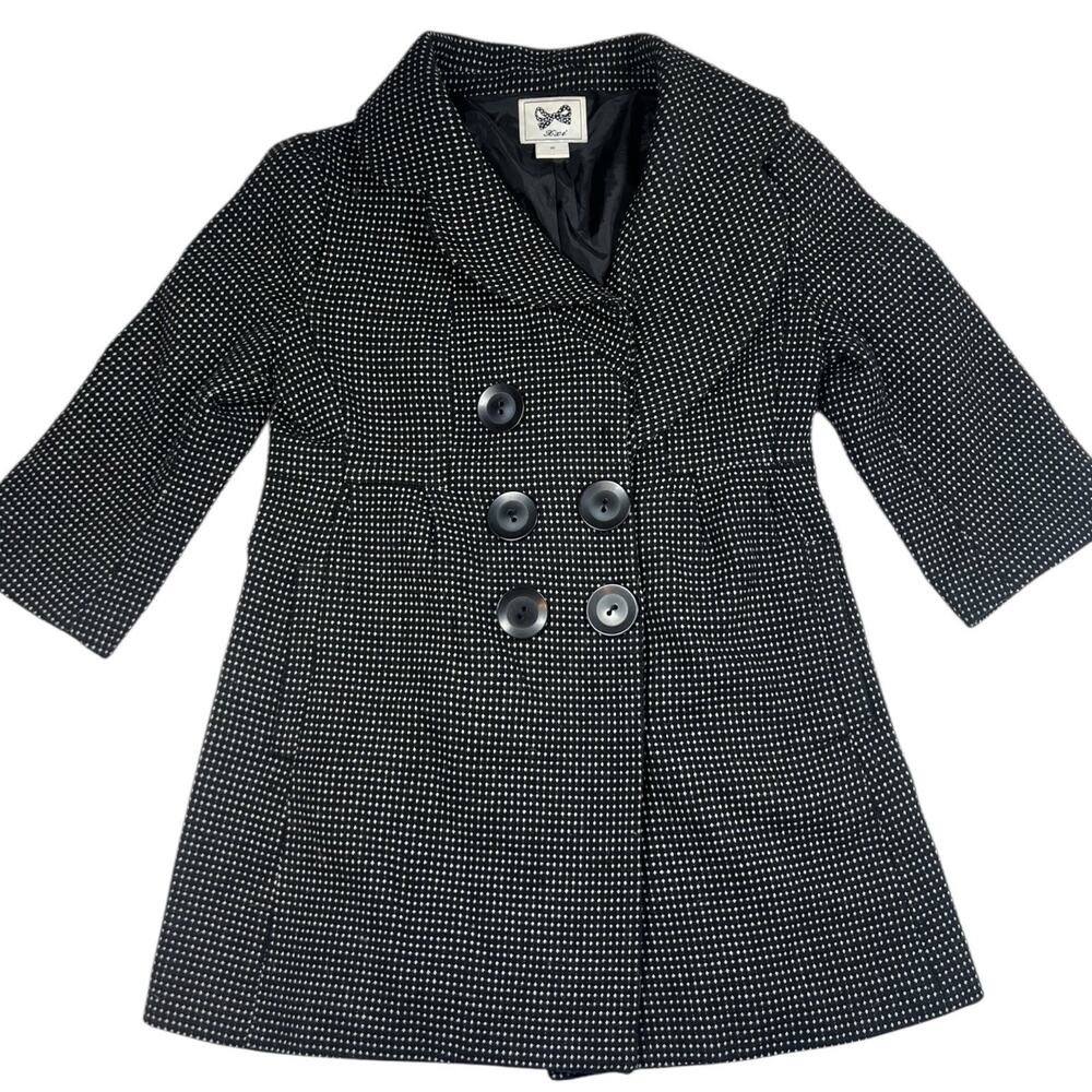 Roxi Women’s Black White Polka Dot Peacoat Mid Length Double Breasted Size M